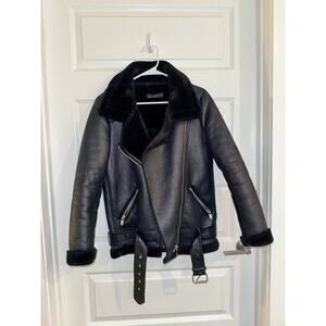 Zara Black Leather Jacket with Fur Collar